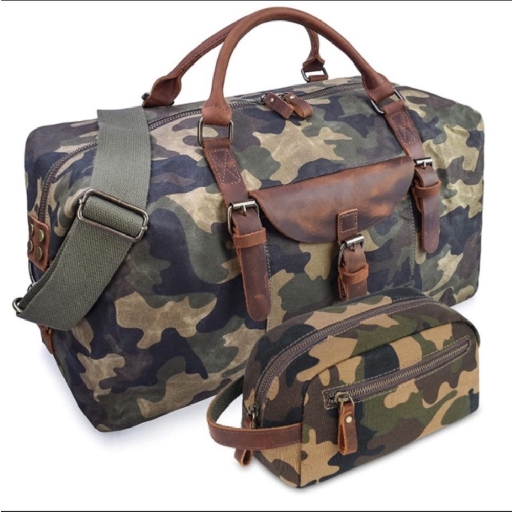 Oversized Duffel Bag Waterproof Canvas Leather Hand Bag with Toiletry Bag